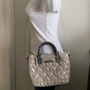 Betsey Johnson Cream/Gray Quilted Heart Crossbody with Polka Dot Handle